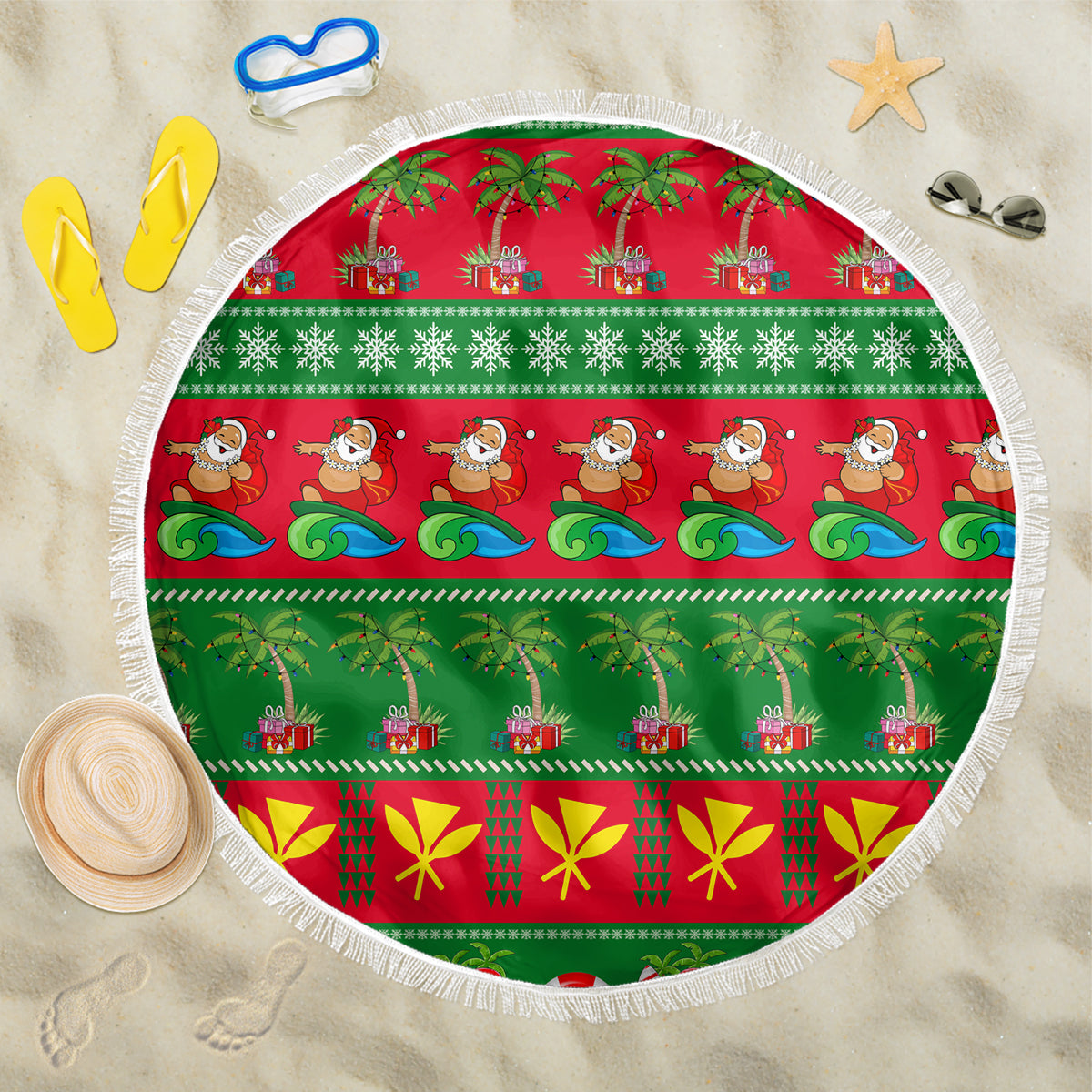 Round beach blanket with green and red Christmas pattern, palm trees, and white fringe