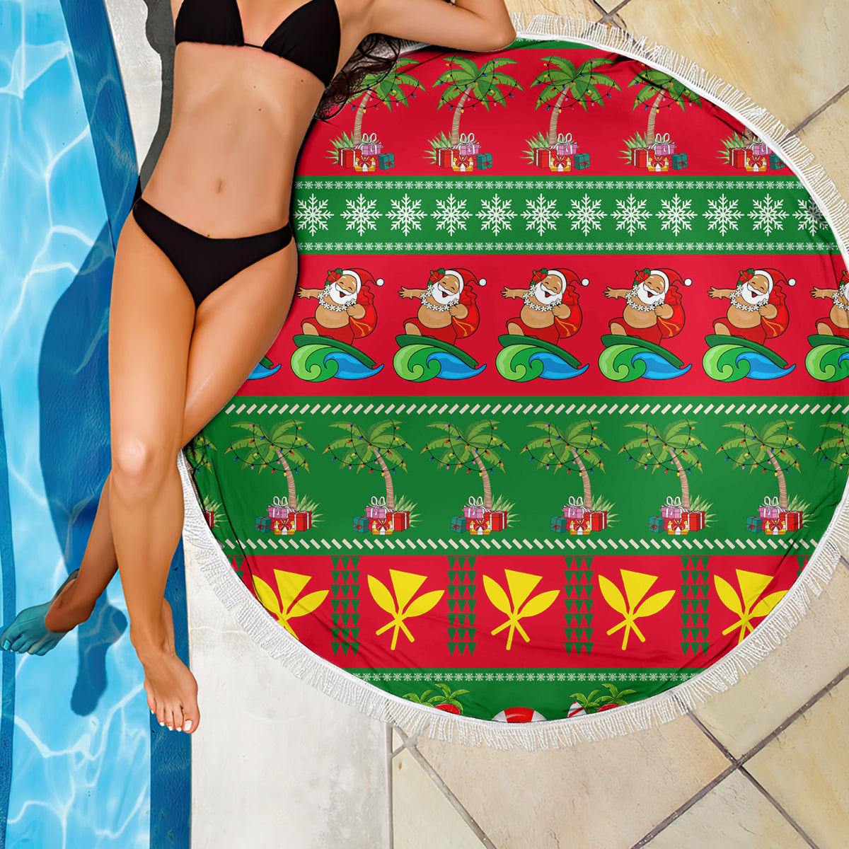 Round tropical Christmas beach blanket with red center, green sections, and white tassel fringe