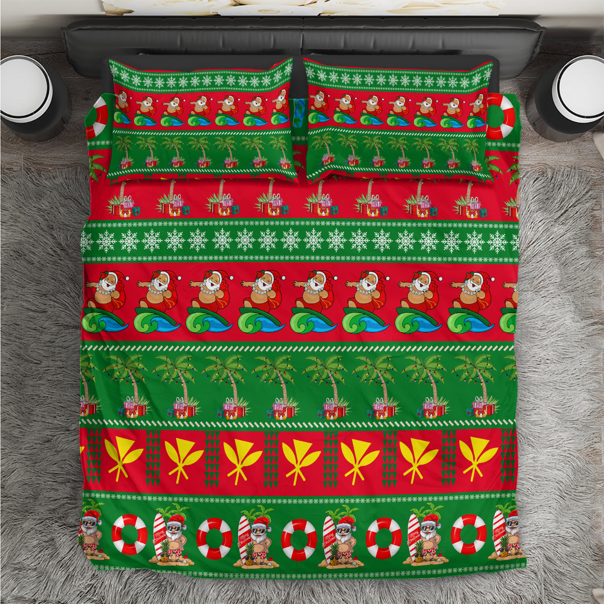 Christmas bedding set with green and red palm, Santa, and candy cane pattern; includes pillowcases