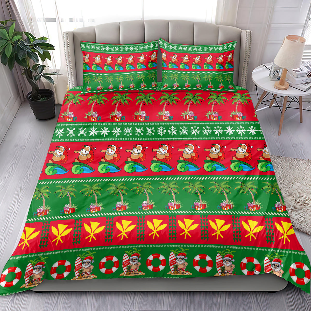 Christmas bedding set on bedspread with green/red Santa, palm trees, and presents; two pillowcases