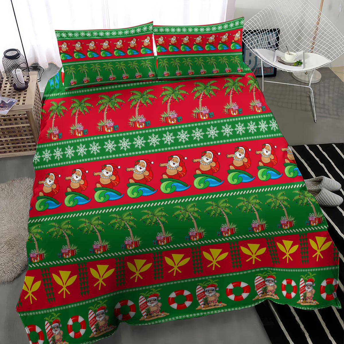 Christmas bedding set featuring red and green palm trees, Santas, and holiday stripes; bed set
