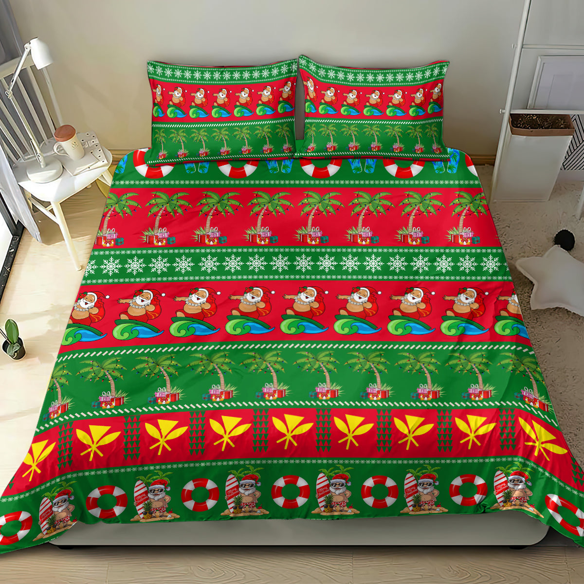 Christmas bedding set with green/red Santa, palm tree, and hollycandy motifs; includes matching pillowcases