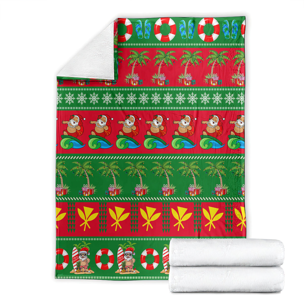 Green holiday blanket with red stripes, palm trees, snowflakes, Santa, and wreath accents