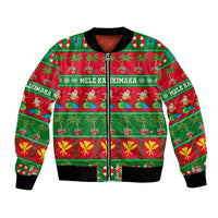Green Hawaiian Christmas bomber jacket with full-zip and ribbed cuffs, festive MELE KALIKIMAKA print
