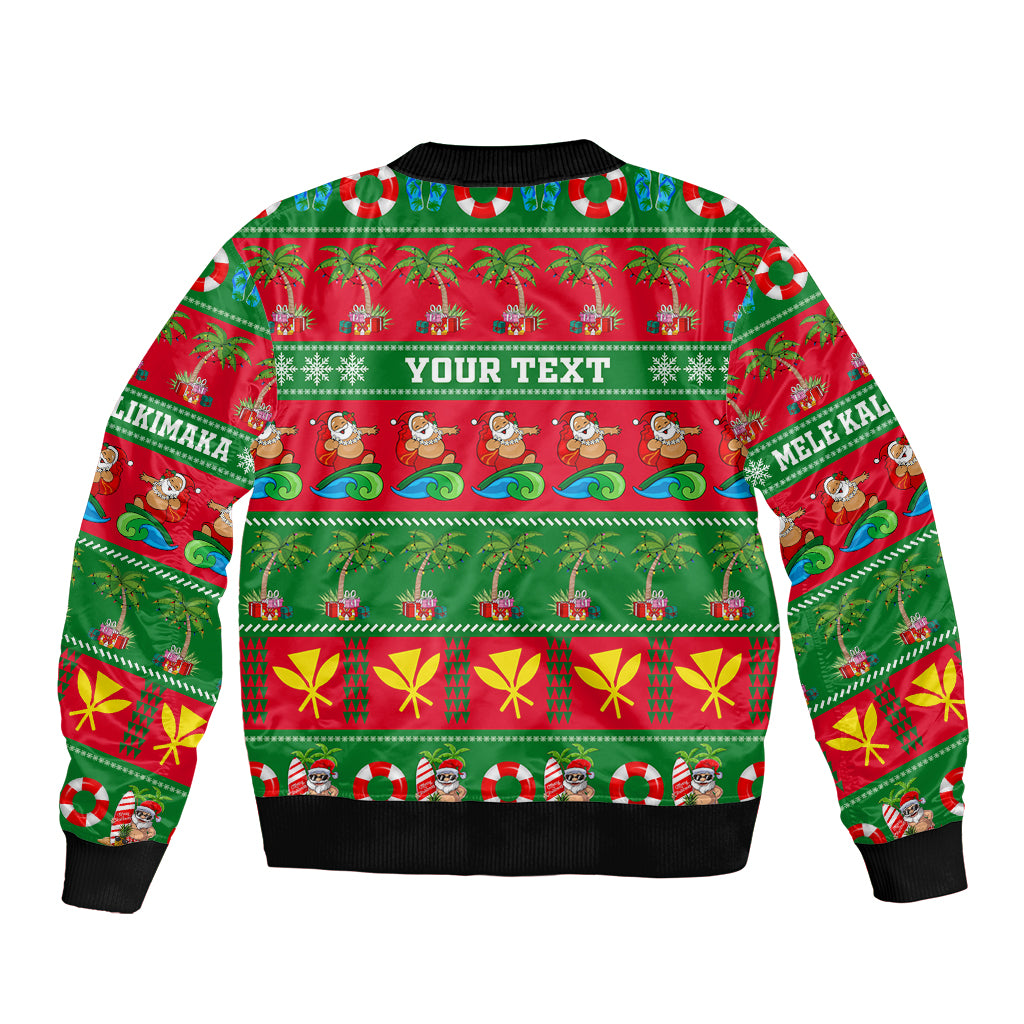 Green Hawaiian Christmas bomber jacket back with full-zip and ribbed hem, YOUR TEXT print
