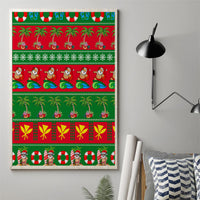 Framed green canvas wall art with red wave dancers, palm trees, and white holly stripes