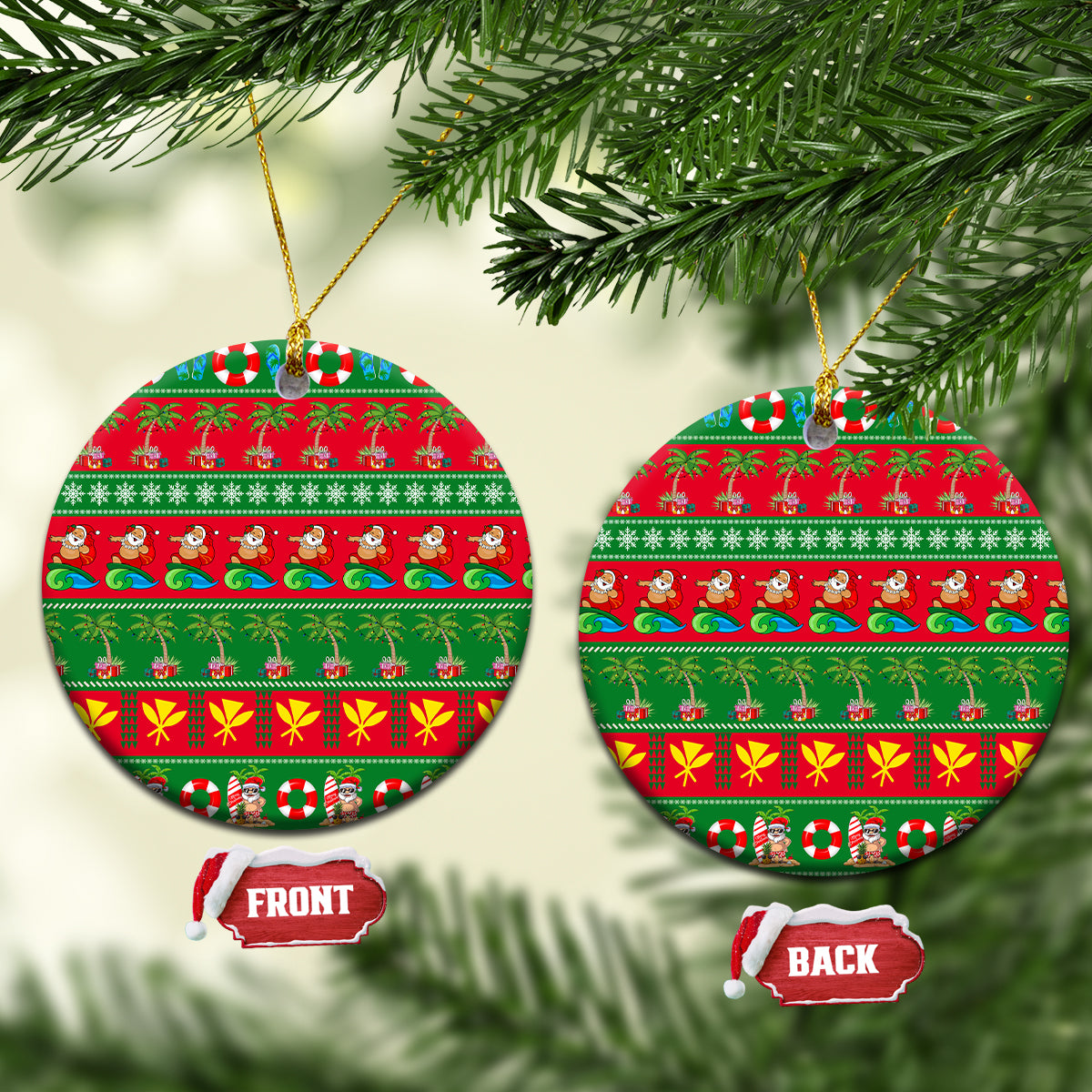 Ceramic circle Christmas ornament with red-and-green tropical print and gold hanging loop