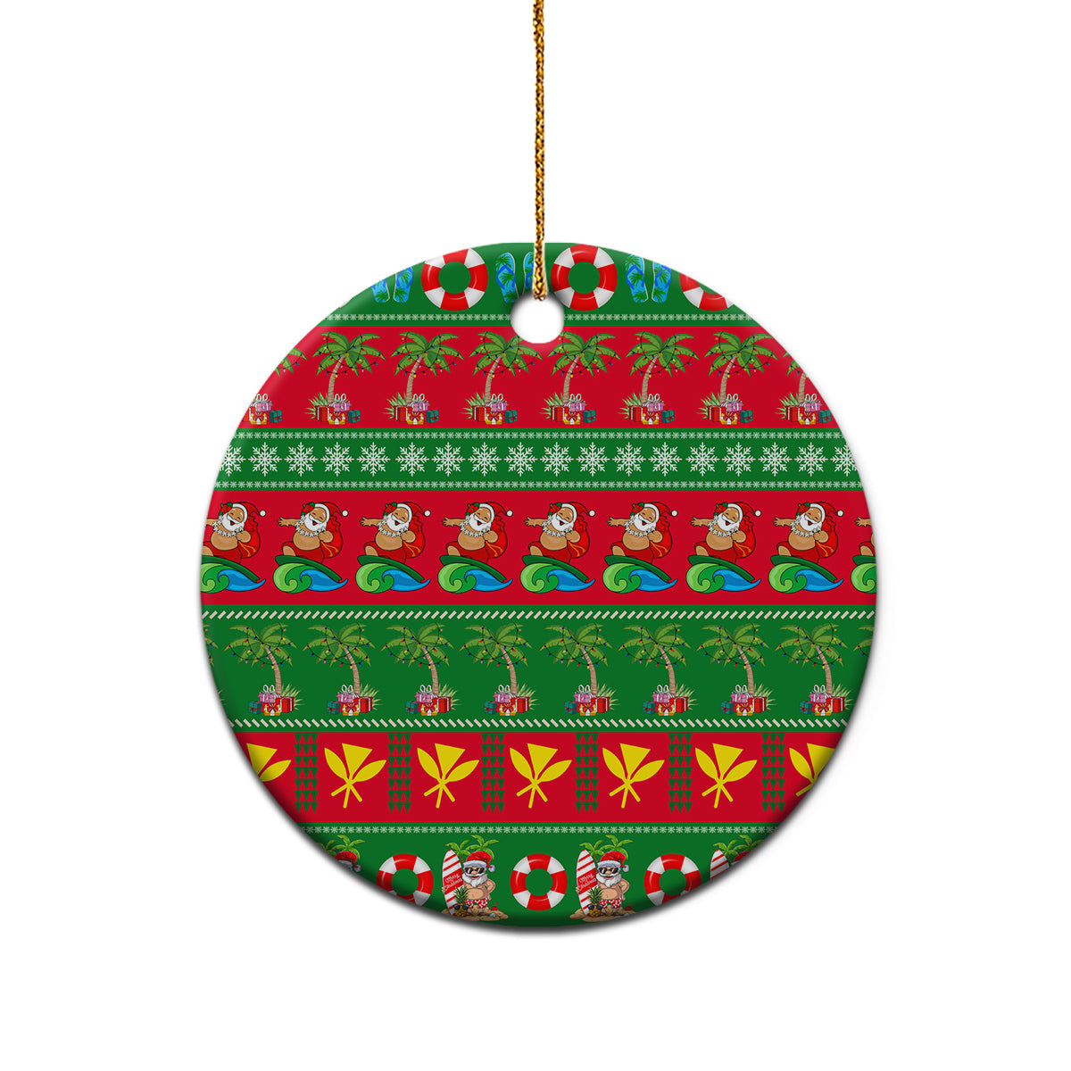Ceramic circle Christmas ornament with red-and-green tropical holiday band pattern