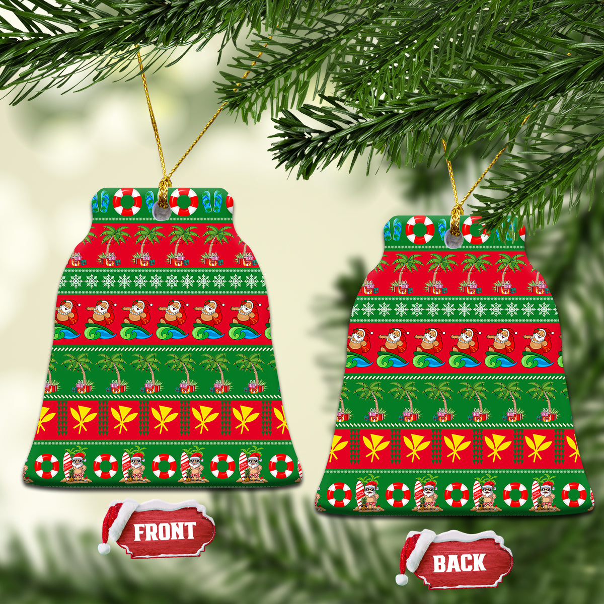 Ceramic bell-shaped Christmas ornament with red-and-green tropical print and gold hanging loop