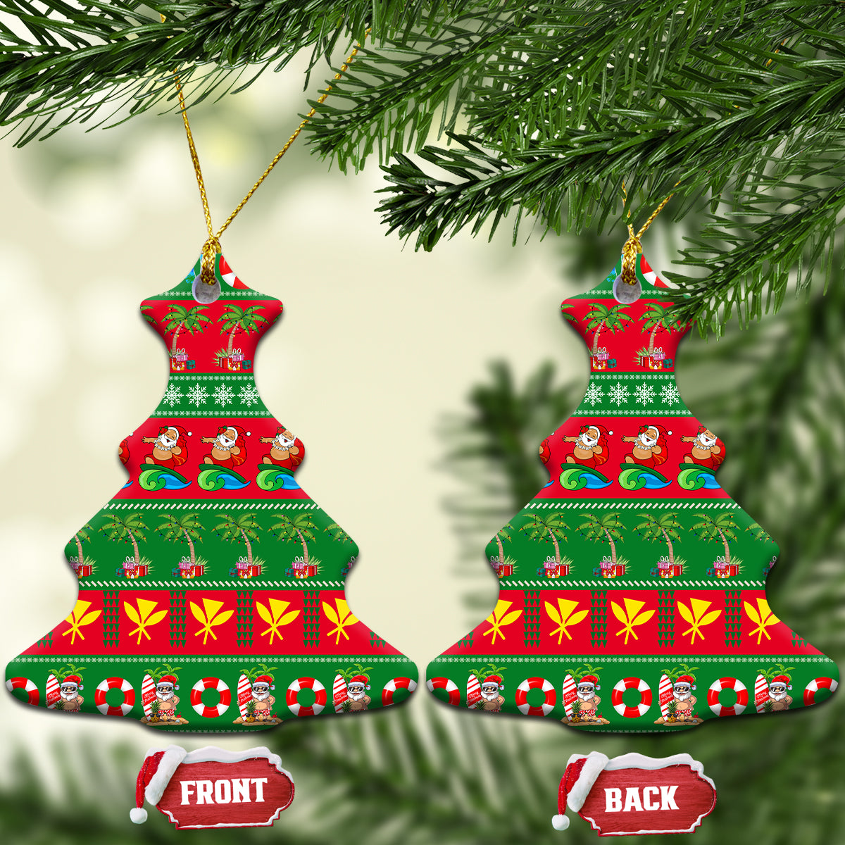 Ceramic Christmas tree-shaped ornament with red-and-green tropical holiday stripes