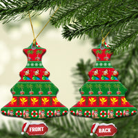 Ceramic Christmas tree-shaped ornament with red-and-green tropical holiday stripes