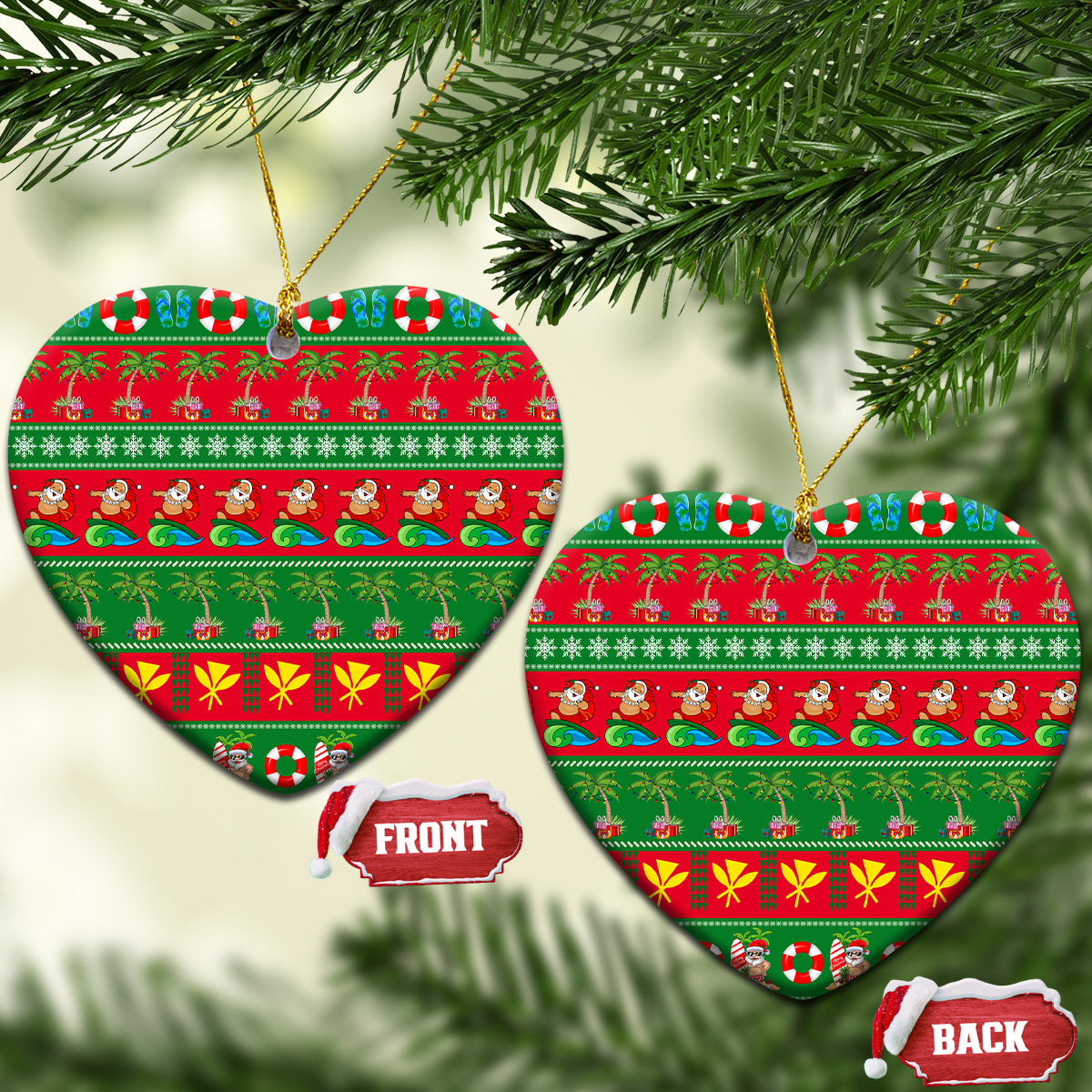 Ceramic heart-shaped Christmas ornament with red-and-green tropical holiday pattern