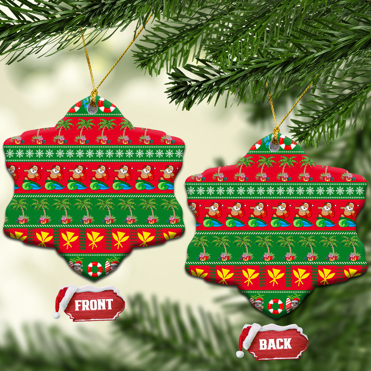 Ceramic snowflake-shaped Christmas ornament with red-and-green tropical holiday stripes