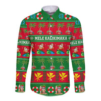 Unisex long sleeve button shirt, green collar with red Hawaiian Christmas graphic print