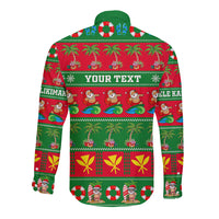 Unisex long sleeve button shirt, green collar, back text YOUR TEXT on red Hawaiian Christmas print