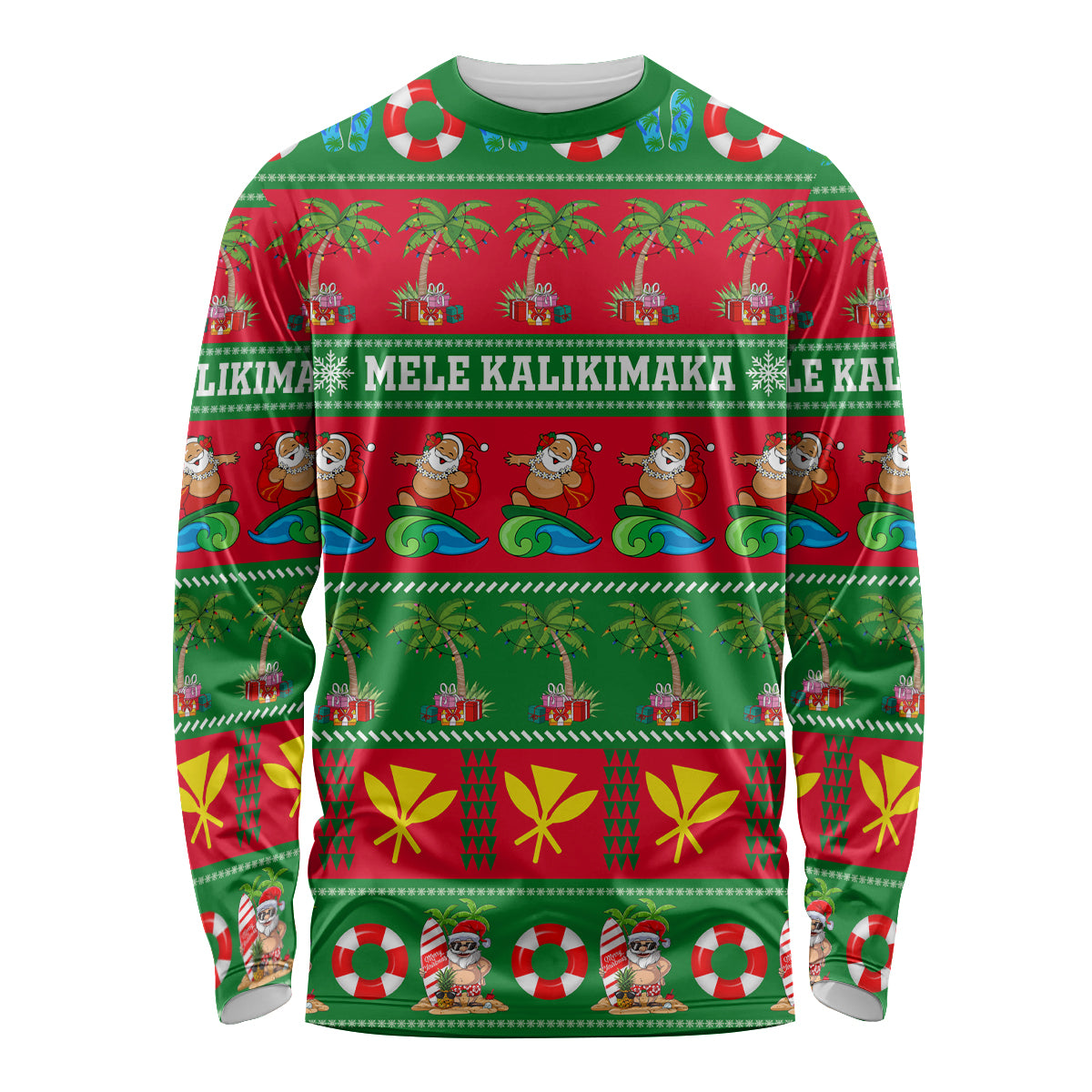 Green long-sleeve holiday shirt with palm trees and Mele Kalikimaka lettering