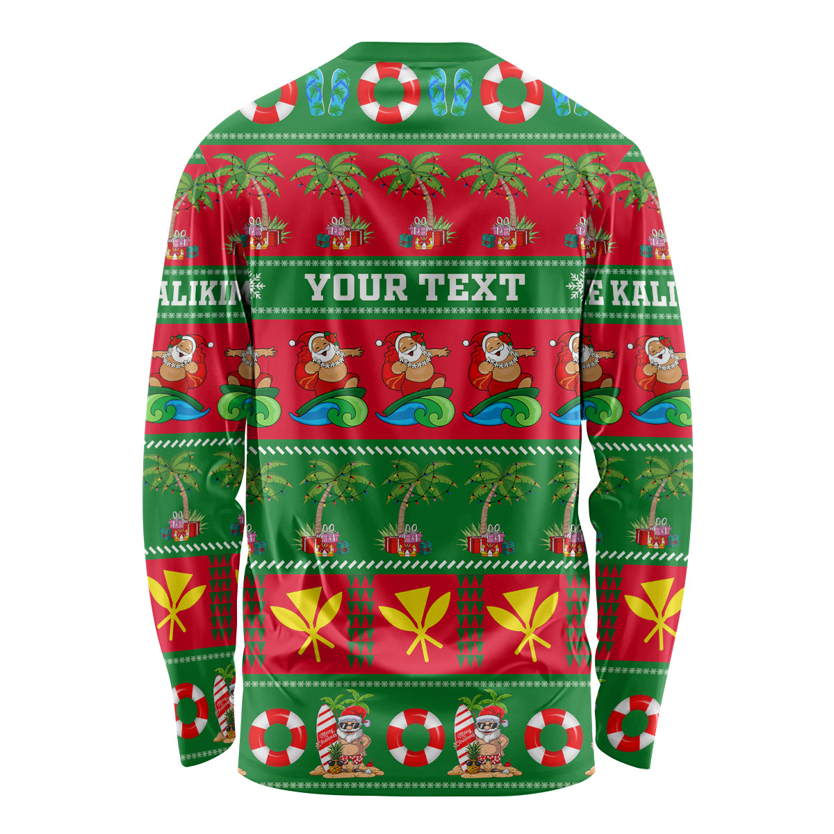 Green long-sleeve holiday shirt with palm trees and custom 'YOUR TEXT' on back