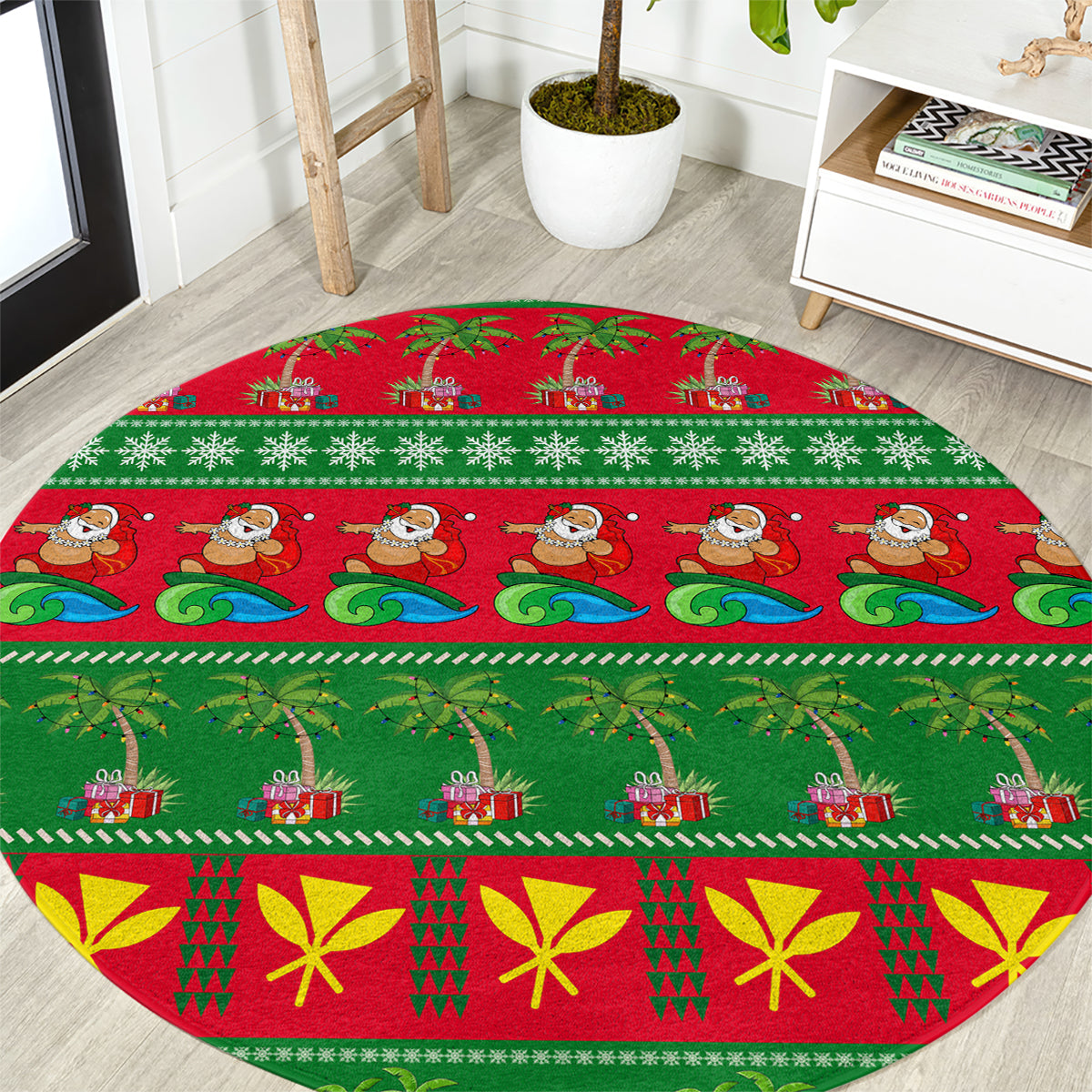 Round green holiday rug with red panels, cartoon surf figures, snowflake and gift pattern