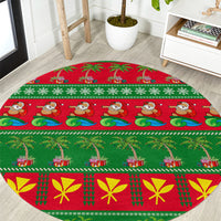 Round green holiday rug with red panels, cartoon surf figures, snowflake and gift pattern