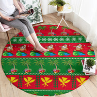 Round green holiday rug with red band, cartoon surf figures, gifts, snowflake stripe