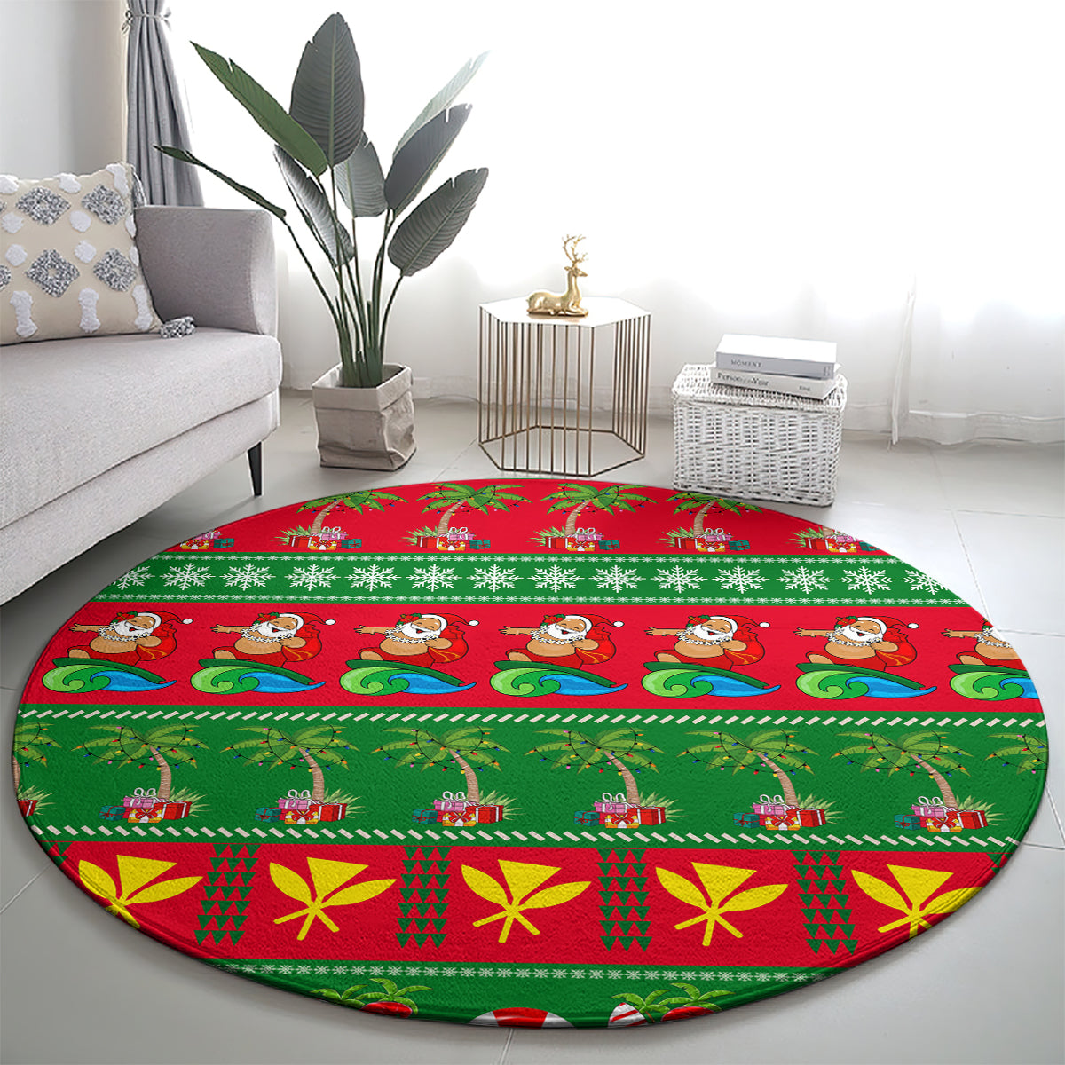 Round holiday rug, green and red, cartoon surf figures with snowflake and gift motifs