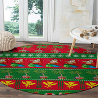 Round green holiday rug with red sections, cartoon surf figures, bows and snowflake pattern