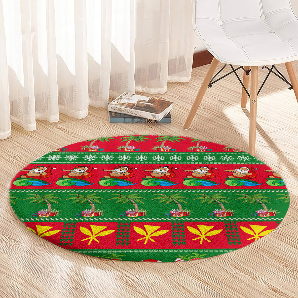Round green holiday rug with red border, cartoon surf figures, gift and snowflake bands