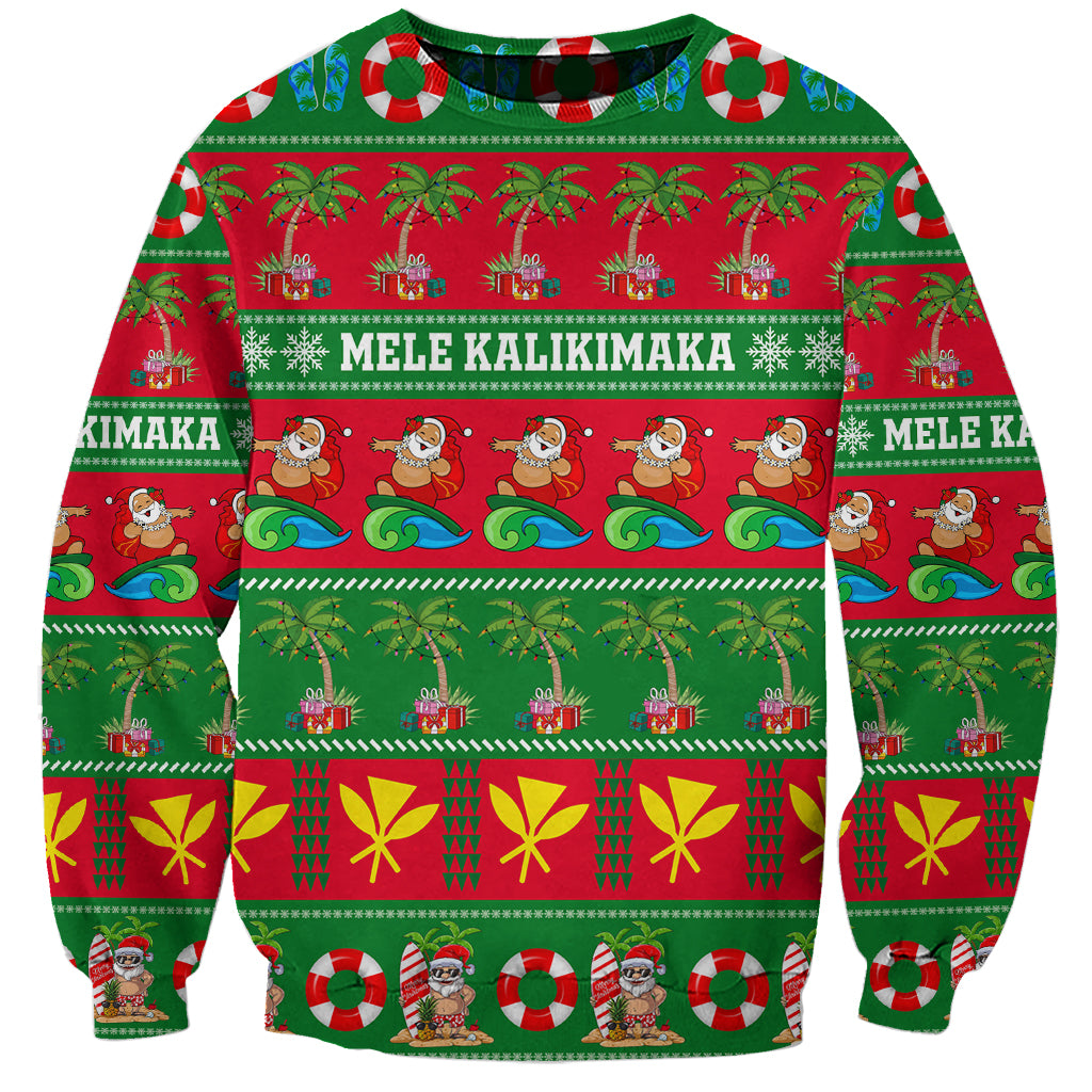 Unisex Christmas sweatshirt with red-and-green tropical pattern and MELE KALIKIMAKA text