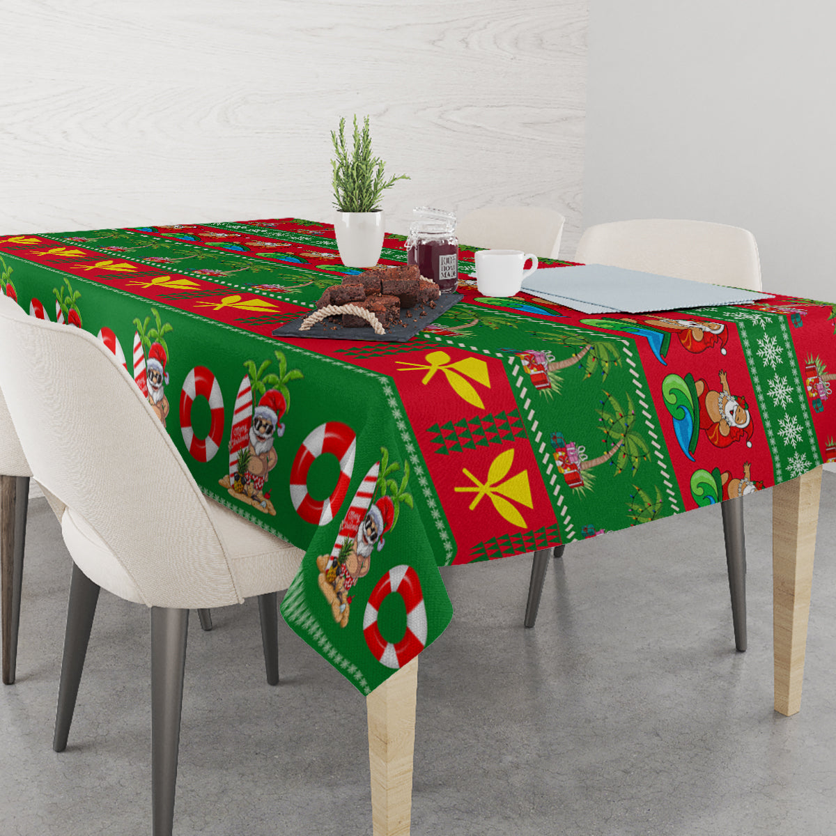 Green Christmas tablecloth on dining table with Santa and candy cane print
