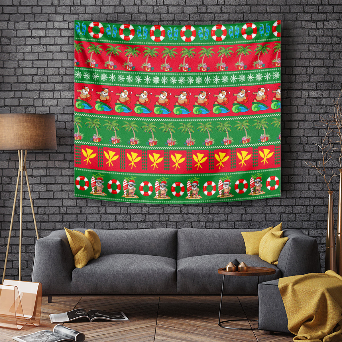 Christmas tapestry with green border and red tropical holiday pattern, hanging on a wall