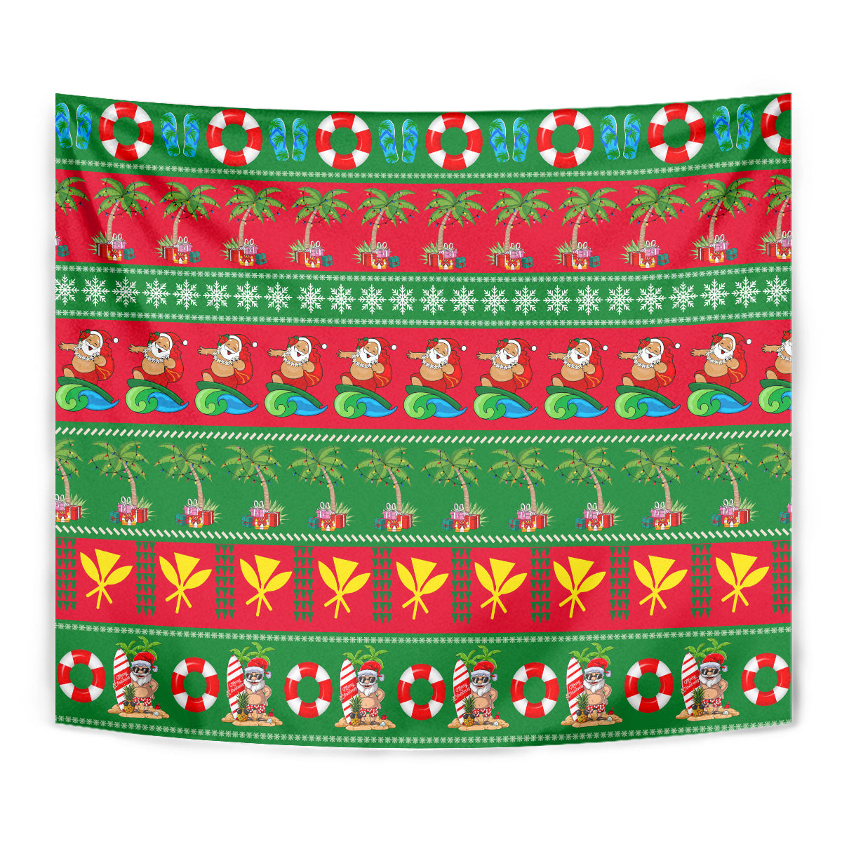 Close-up Christmas tapestry in red and green with palm trees, candy, and holiday icons