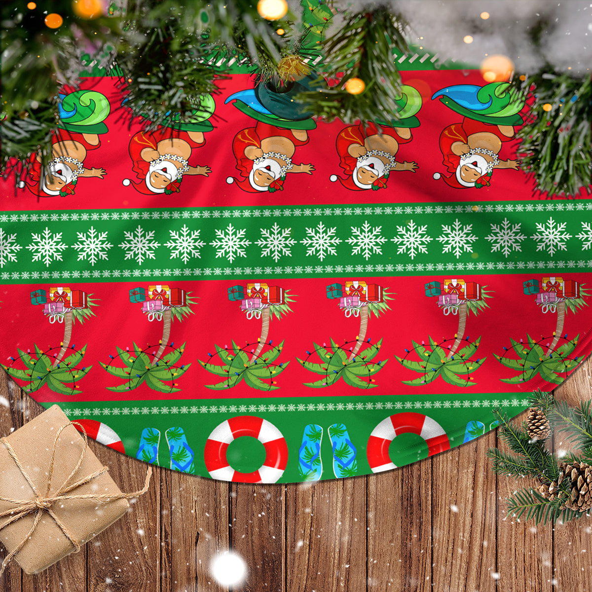 Green and red Christmas tree skirt fabric with repeating tropical holiday icons