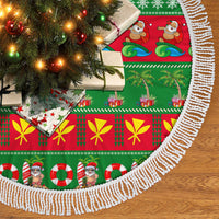Fringed edge green and red Christmas tree skirt with tropical holiday scene