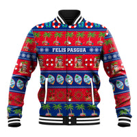 Unisex blue baseball jacket with red Christmas holiday graphic and FELIS PASGUA text