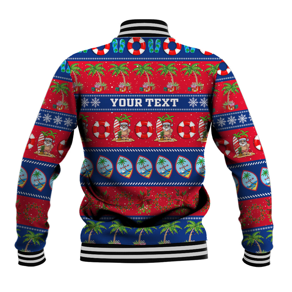 Unisex blue baseball jacket with red Christmas graphic and YOUR TEXT banner on back