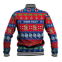 Unisex blue baseball jacket with red Christmas graphic and YOUR TEXT banner on back