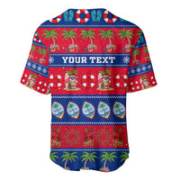 Red and blue festive baseball jersey with YOUR TEXT front graphic