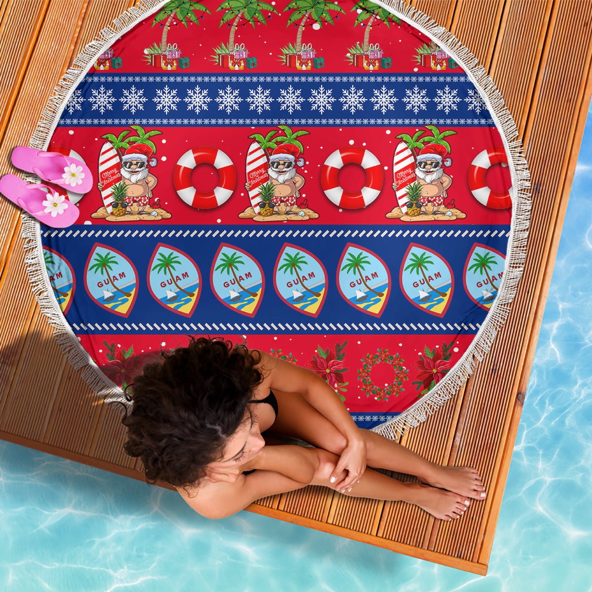 Round beach blanket with red-blue holiday stripes, nutcracker figures, and fringed border