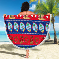 Round beach blanket with red-blue holiday design, nutcracker figures, and fringed border