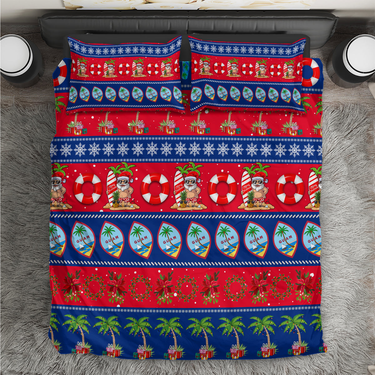 Blue Christmas bedding set with red green island icons, pillowcases included