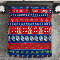 Blue Christmas bedding set with red green island icons, pillowcases included