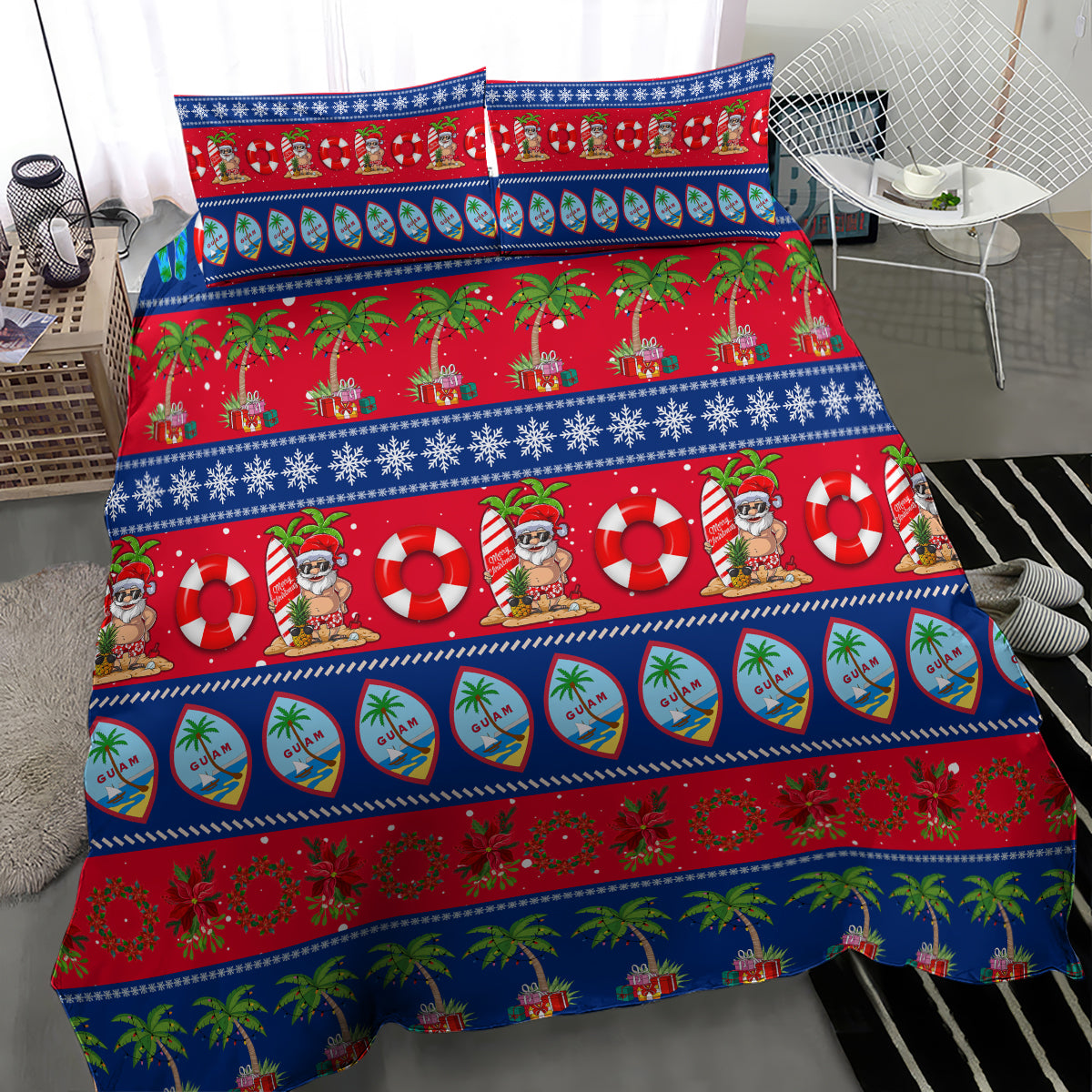 Blue bedding set with red green palm, surfboard and Santa festive print, two pillowcases