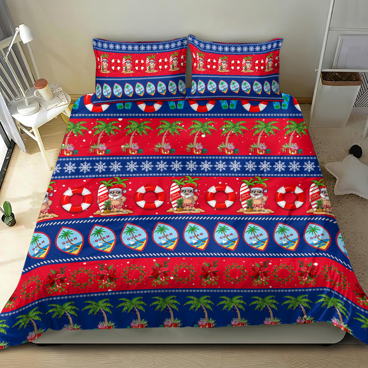 Blue Christmas bedding set on bed, featuring red green tropical festive design