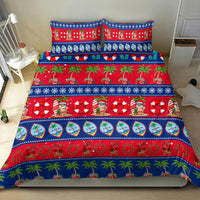 Blue Christmas bedding set on bed, featuring red green tropical festive design