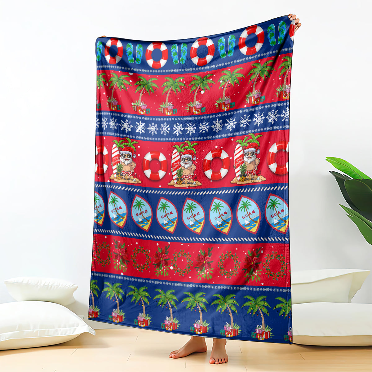 Christmas blanket in blue and red with palm-tree holiday stripes and Santa figures