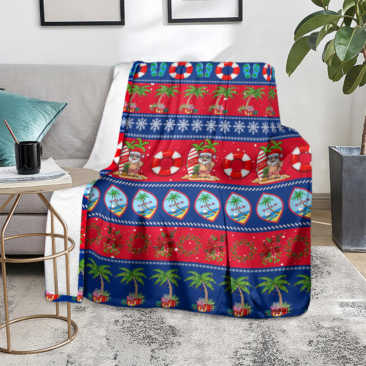 Christmas blanket on gray rug, blue and red holiday design with palm trees