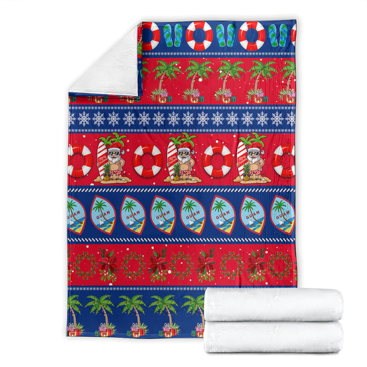 Christmas blanket set folded flat, blue-and-red holiday stripe pattern with palms