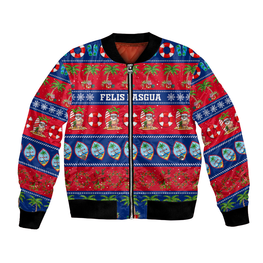 Unisex bomber jacket with festive holiday print, front zipper, black ribbed cuffs
