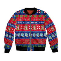 Unisex bomber jacket with festive holiday print, front zipper, black ribbed cuffs
