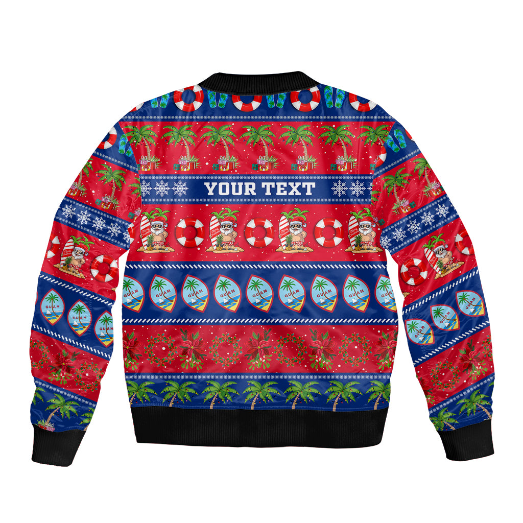 Unisex bomber jacket with holiday pattern, centered YOUR TEXT, black ribbed hem